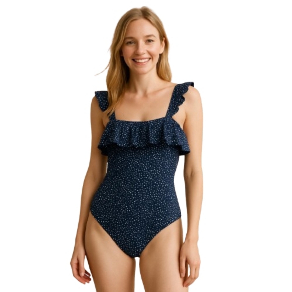 KONA SOL Navy Blue Ruffled White Polkadot One-piece Swimsuit Swimwear Medium